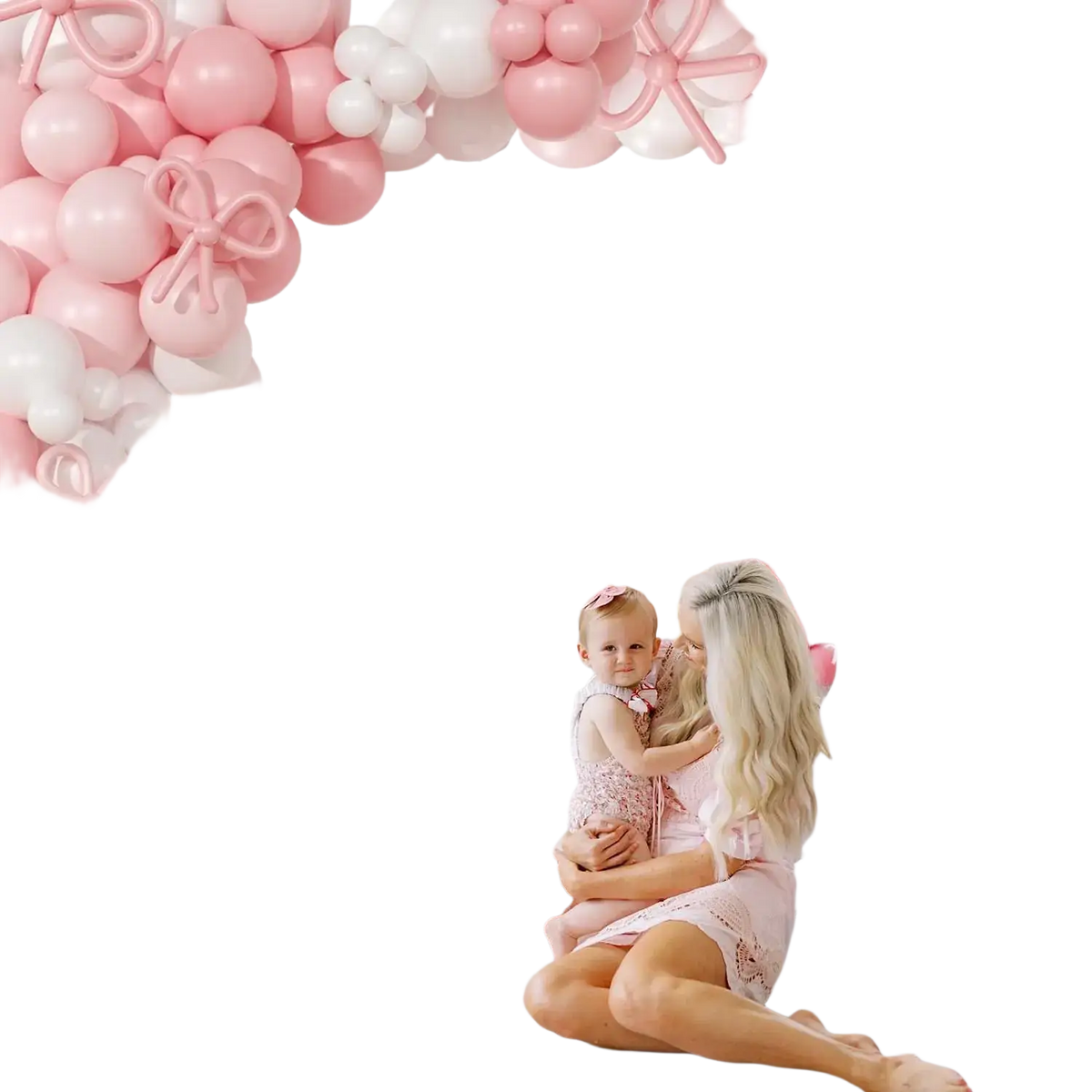 A soft pink plush seashell-shaped cushion with textured surface featured in pink white bow balloon garland arch kit