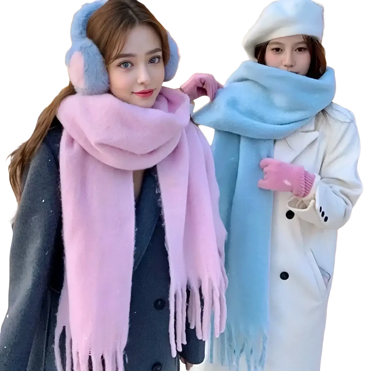 Soft pink and light blue winter cashmere scarves with fringed ends made from fleece for women