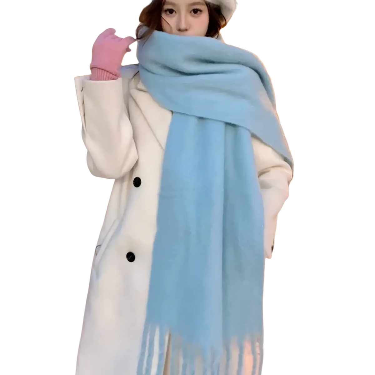 Pink winter cashmere scarf for women in soft light blue wool with delicate fringe detailing