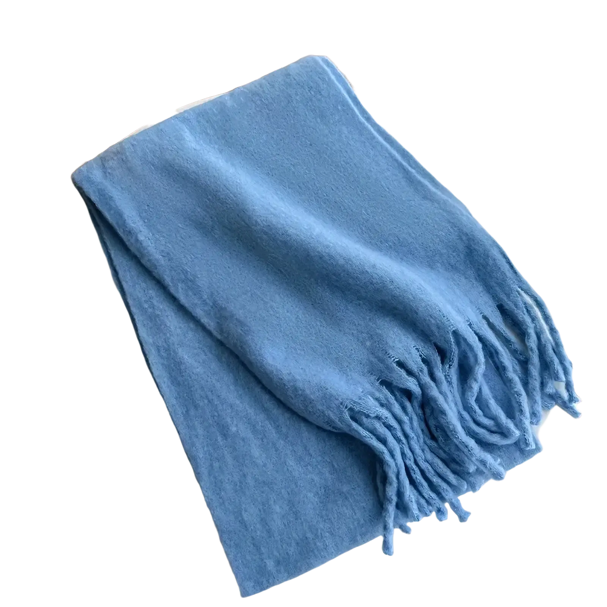 Pink winter cashmere scarf for women featuring a soft light blue knit with fringed edges neatly folded on a white table