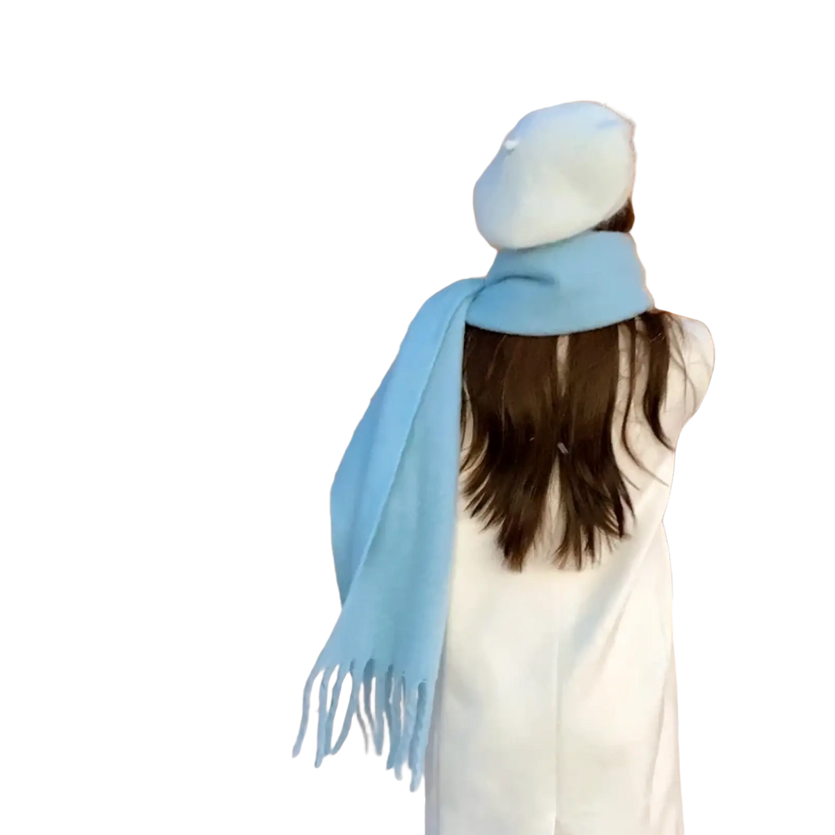 Pink winter cashmere scarf for women shown as a soft light blue woolen scarf with fringed ends draped around the neck