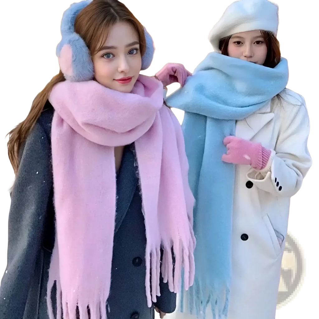 Pink winter cashmere scarf for women featuring soft pink and light blue faux fur with fringed ends for warmth and style