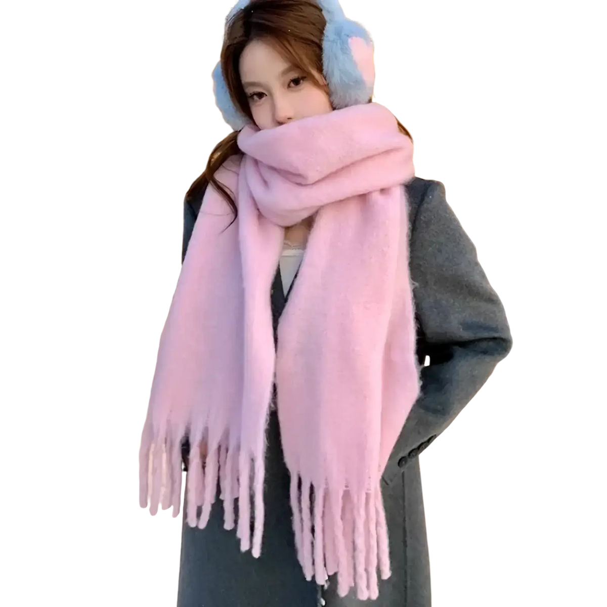 Pink winter cashmere scarf for women featuring a soft pastel pink knitted design with long fringe ends for winter cashmere warmth