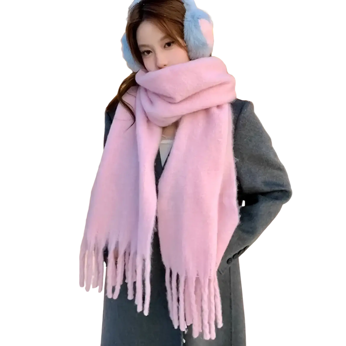 Pink winter cashmere scarf for women featuring a soft pastel pink knitted design with long fringe ends winter cashmere scarf