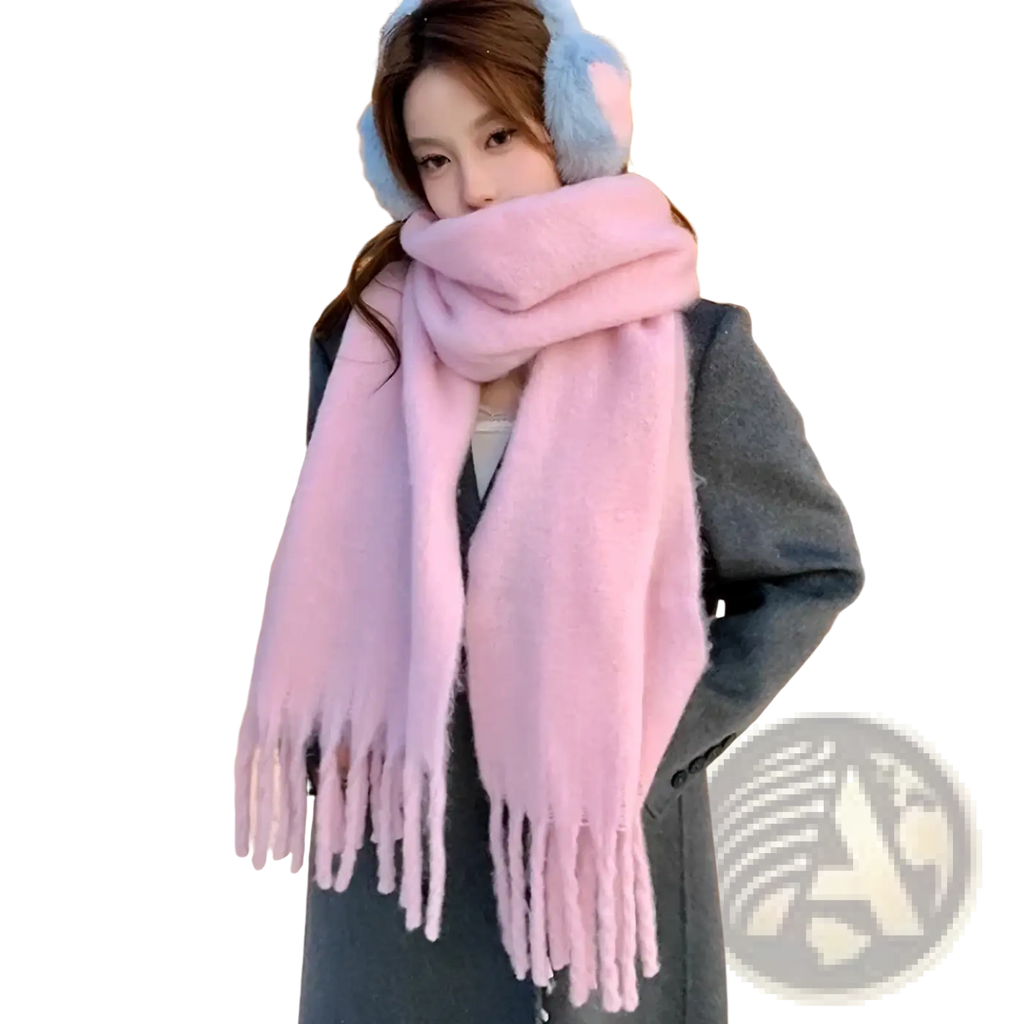 A soft pastel pink cashmere scarf for women with long fringe ends ideal for winter wear