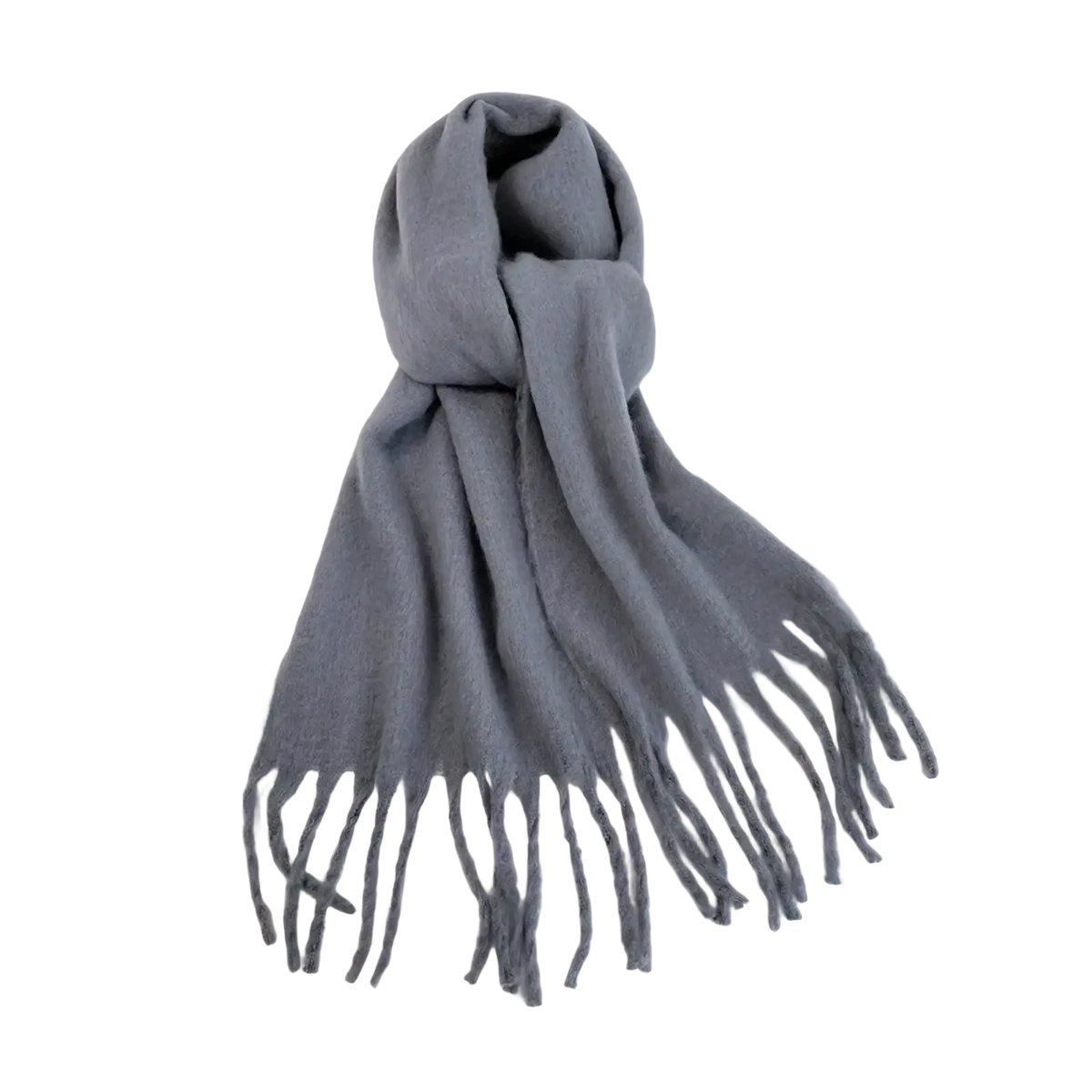 A soft solid gray cashmere scarf with plush texture and long fringe for women’s winter fashion