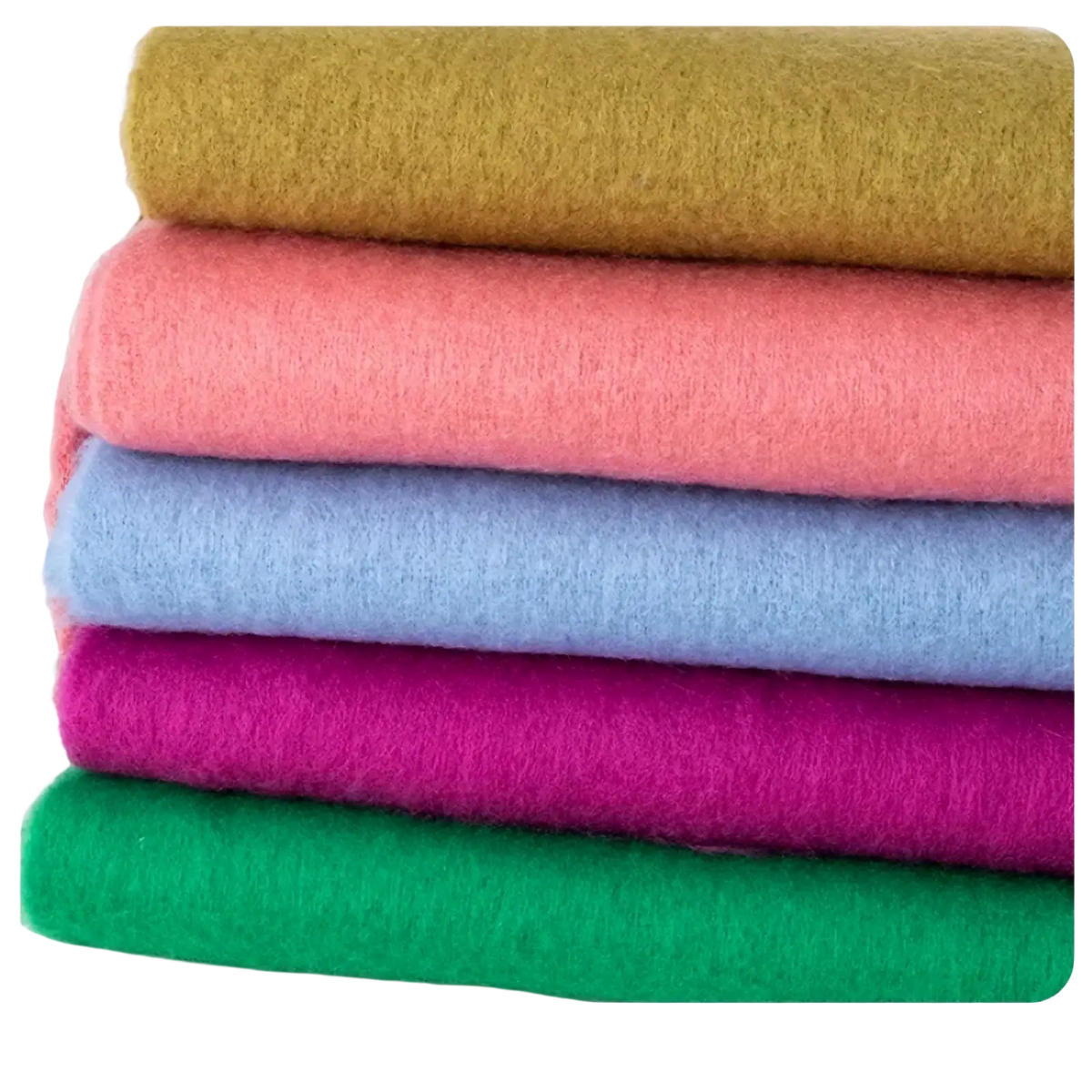 Stack of colorful felt sheets in soft pastel and vibrant hues complementing a pink winter cashmere scarf for women