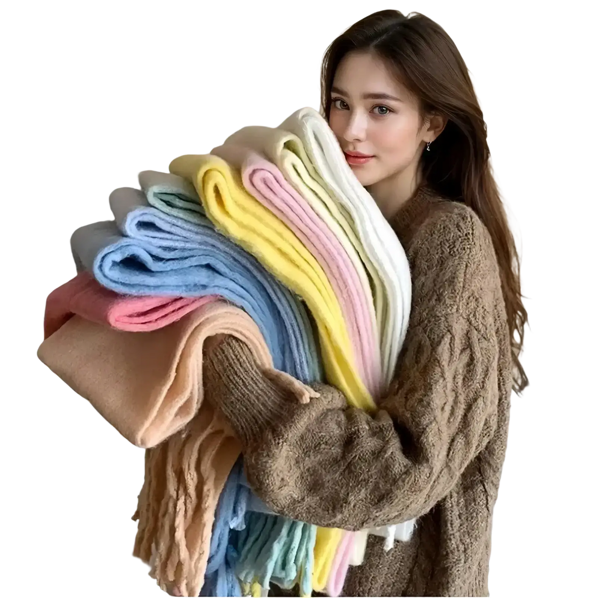 A woman in a brown sweater holds colorful knitted scarves including a pink winter cashmere scarf for women