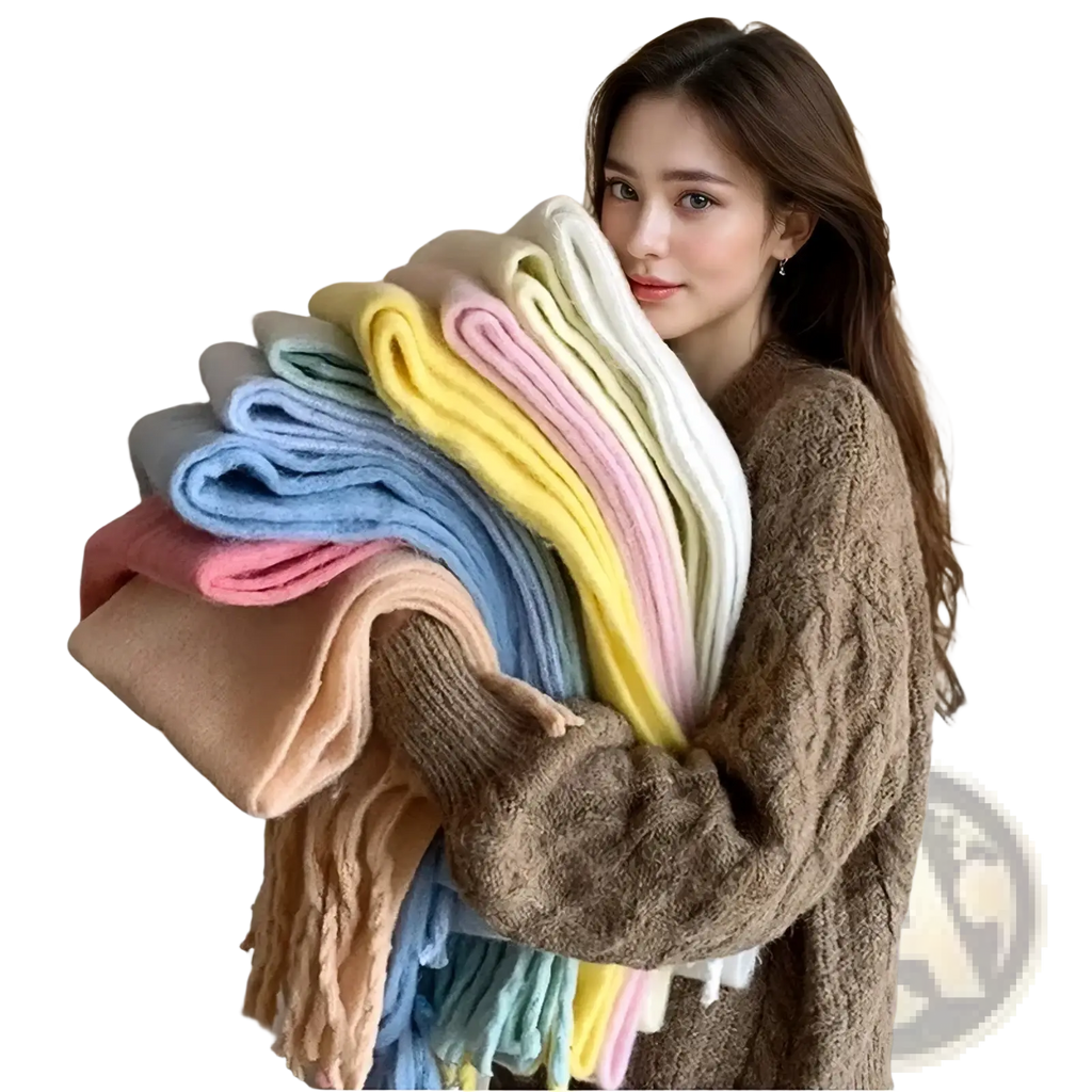 A woman holds a vibrant stack of pastel pink winter cashmere scarves with soft fringe detailing and cozy wool texture