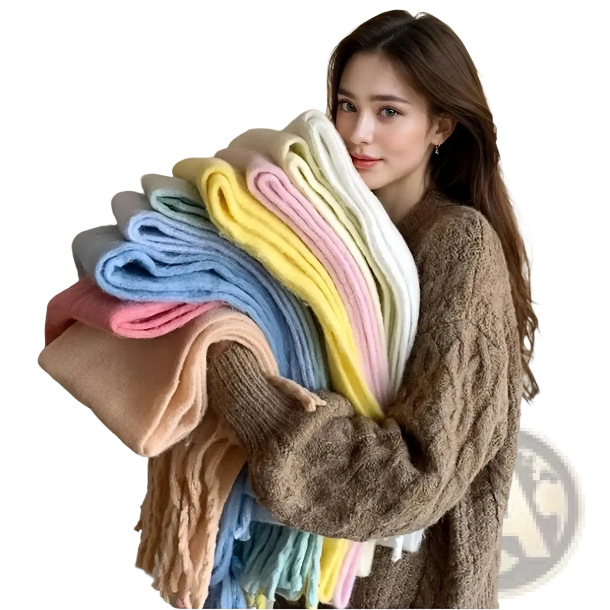 A woman holds a vibrant stack of pastel pink winter cashmere scarves with soft fringe detailing and cozy wool texture