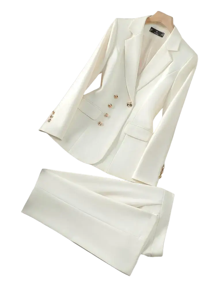 Cream-colored women executive business suit set with gold-tone buttons featuring a blazer and matching trousers