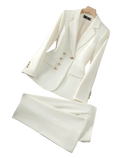 Cream-colored women executive business suit set with gold-tone buttons featuring a blazer and matching trousers
