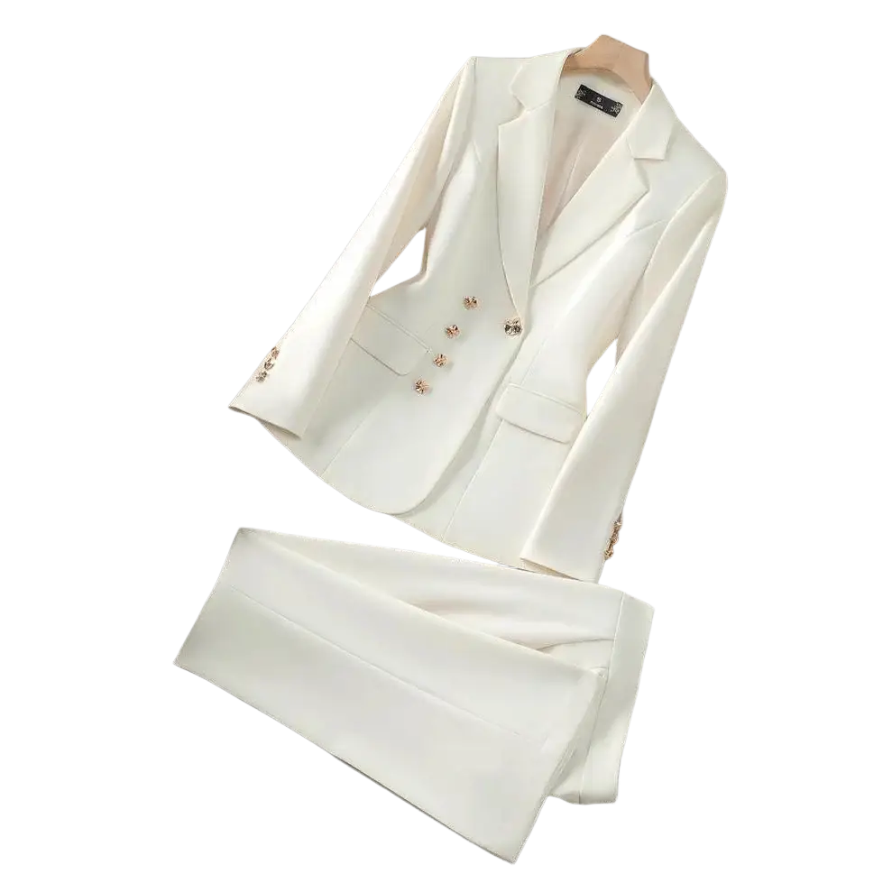 Cream-colored tailored blazer with gold-tone buttons from pink women executive business suit set for formal use