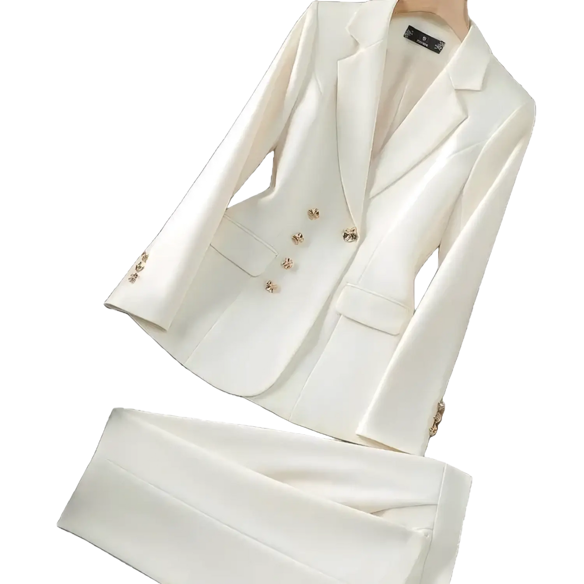 Cream-colored satin blazer with gold-toned floral buttons in pink women executive business suit set