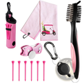 Pink women golf accessories kit featuring a matching towel brush and tees designed for golfing use