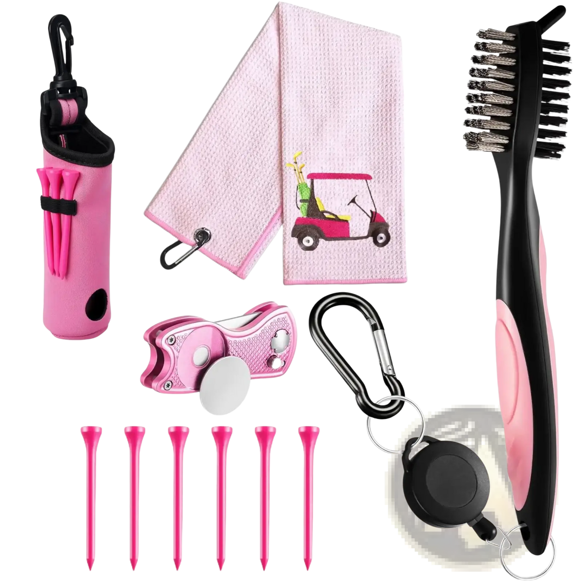 Pink women golf accessories kit featuring a matching towel brush and tees designed for golfing use