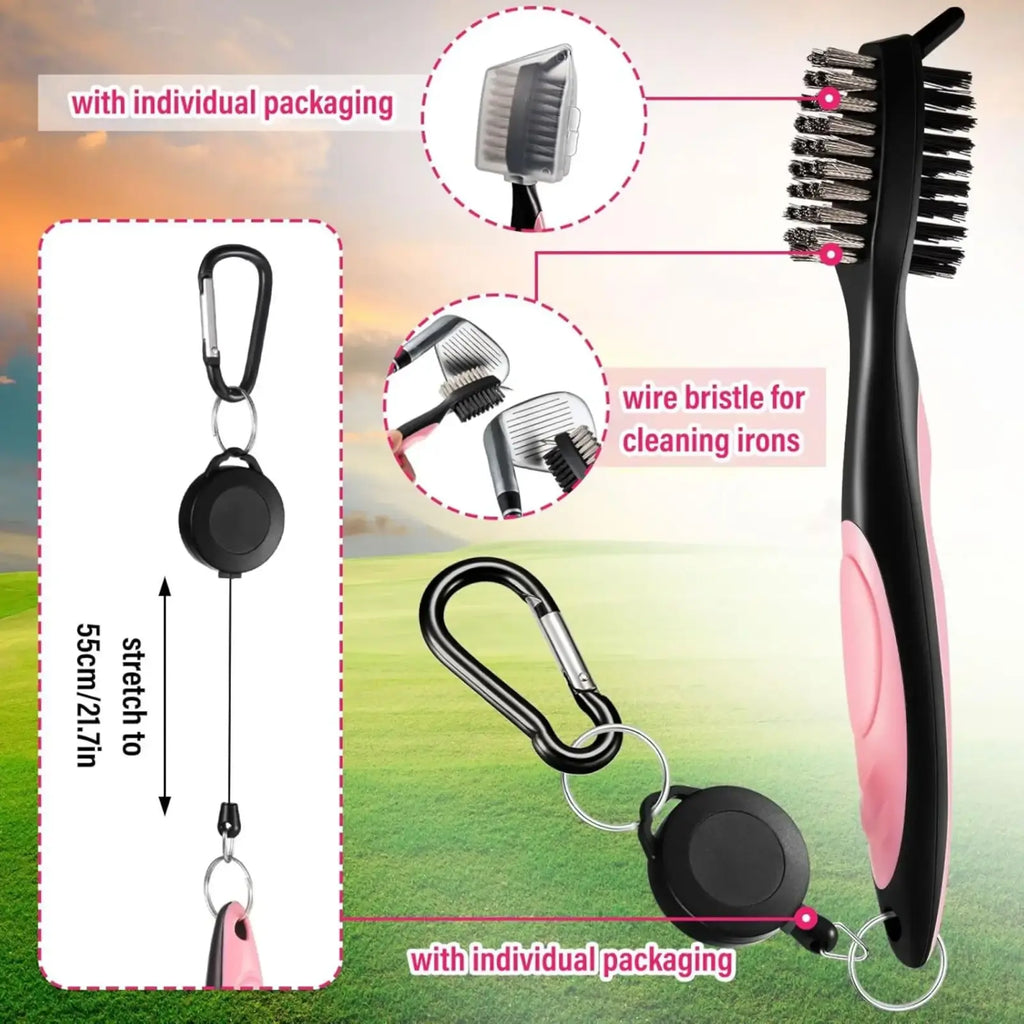 Pink and black golf club cleaning brush with wire bristles for irons in womens golf accessories kit