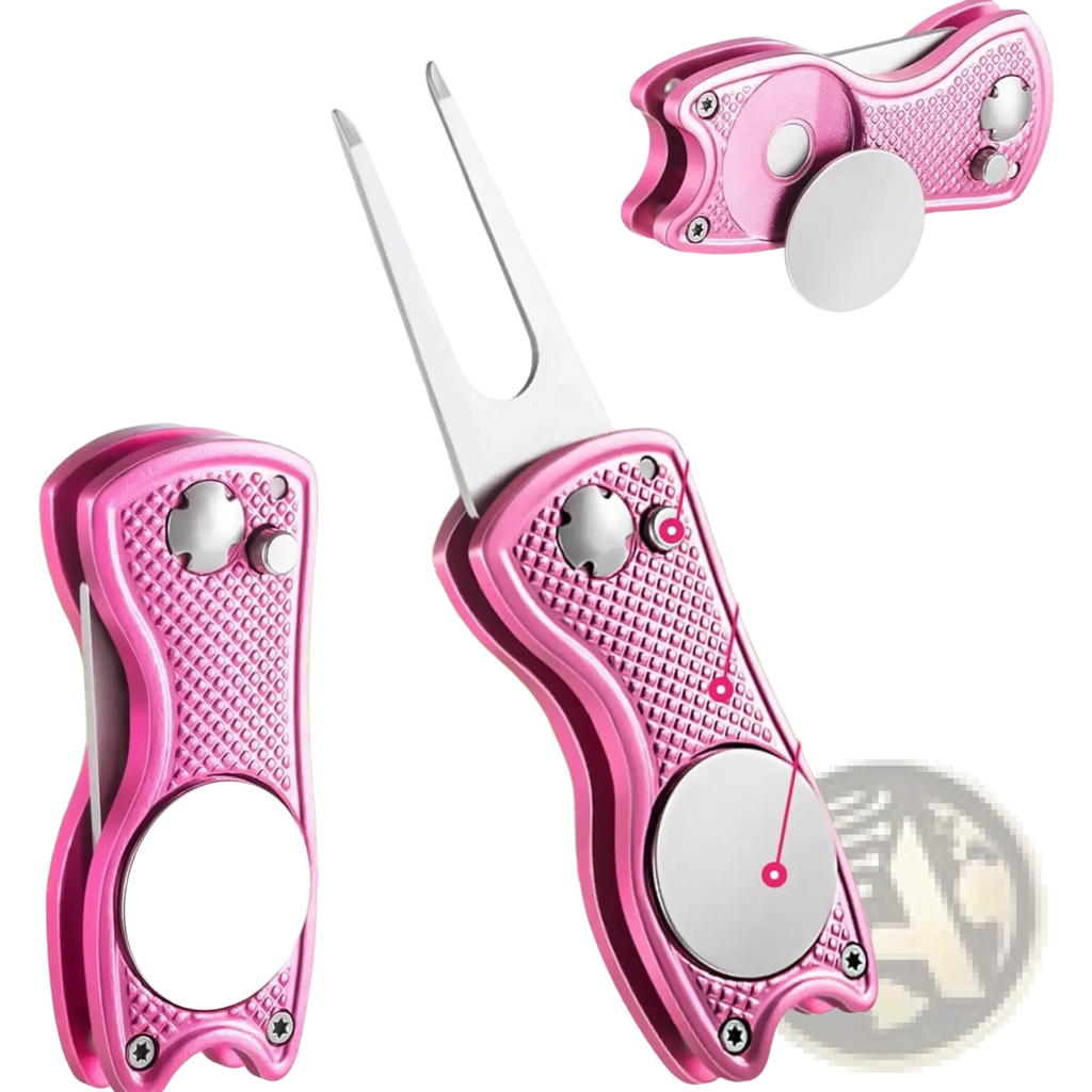 Pink foldable divot tool with textured metal body and silver accents in women golf accessories kit