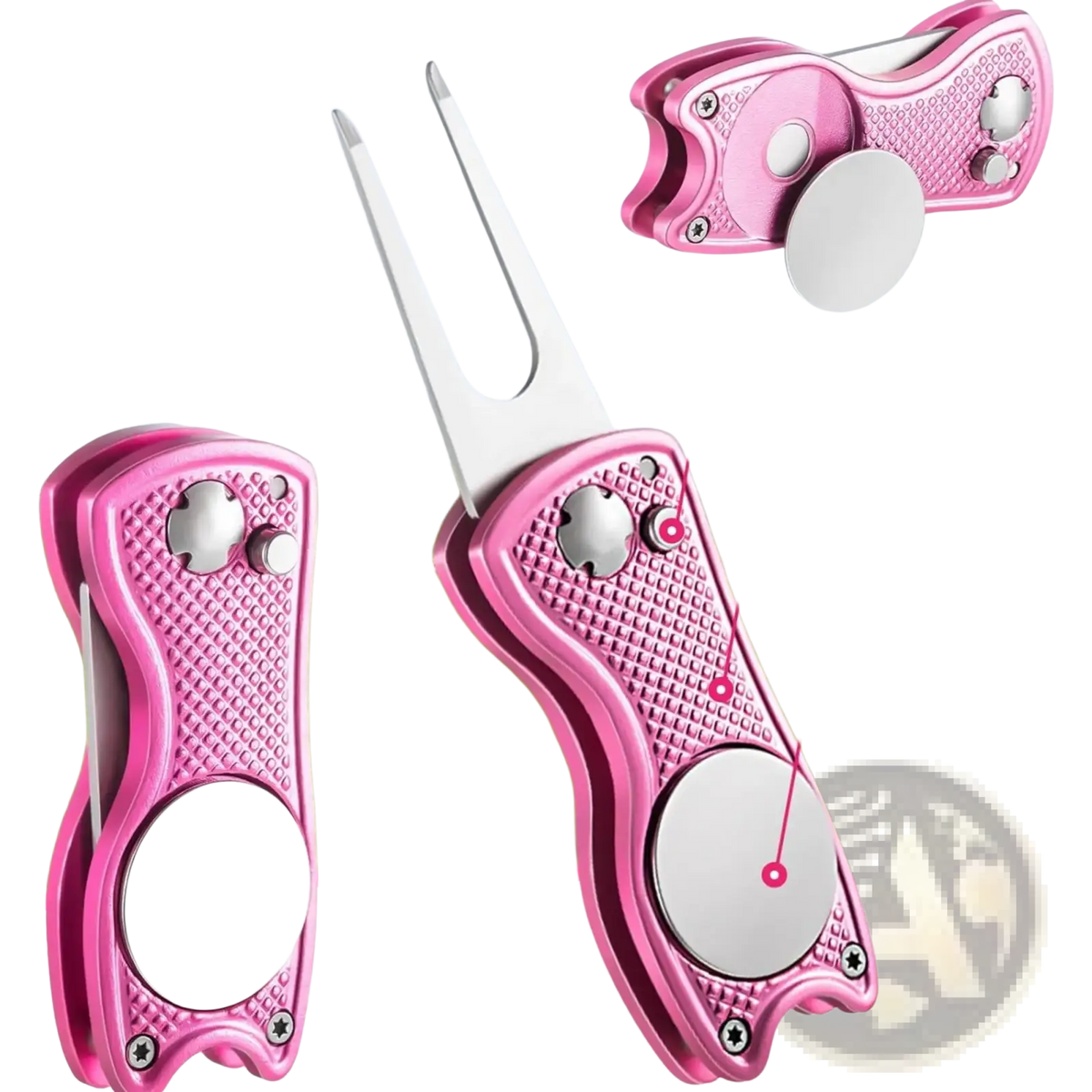 Pink foldable divot tool with textured metal body and silver accents in women golf accessories kit