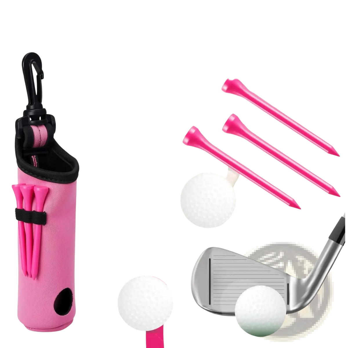 Pink women golf accessories kit featuring a neoprene golf tee and ball carrier with black zipper hook and strap