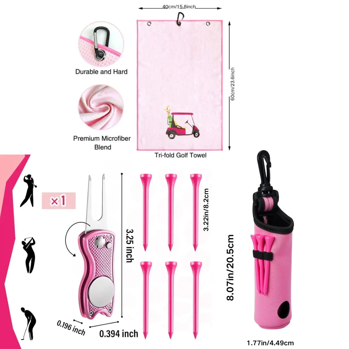 Pink women golf accessories kit featuring a pink tri-fold golf towel with a cartoon golfer in a red and white cart
