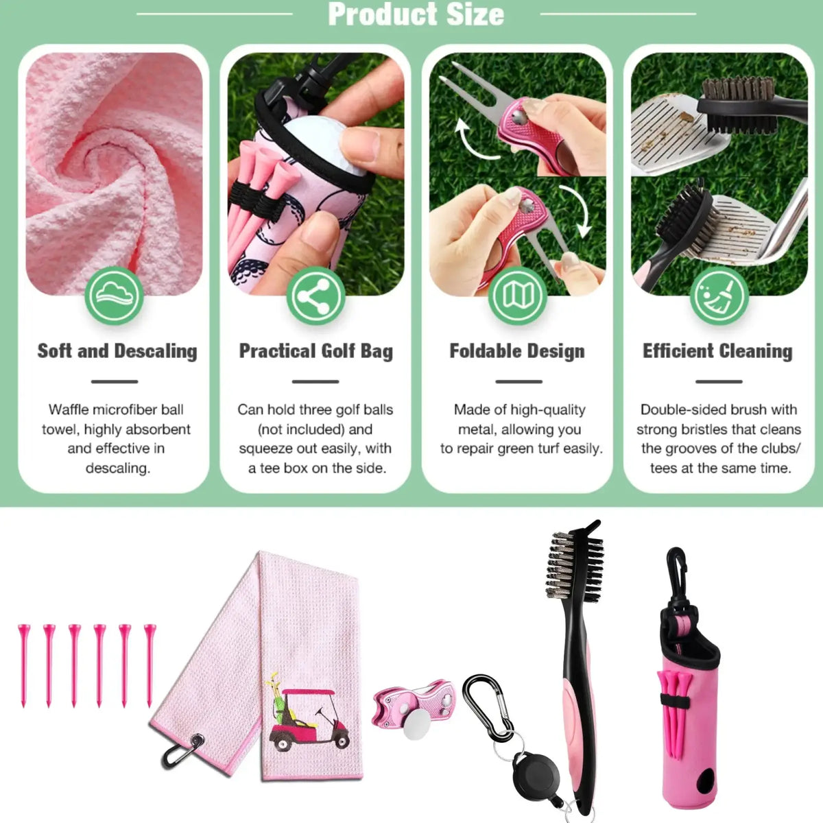 Pink waffle microfiber golf towel with embroidered cart graphic for women golf accessories kit