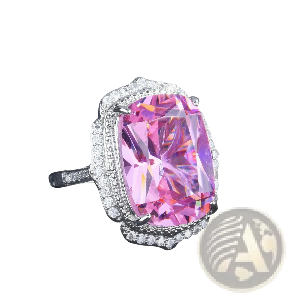 A dazzling pink cushion-cut zircon ring with diamond halo set in sleek silver band by zhen rong in wedding jewelry set