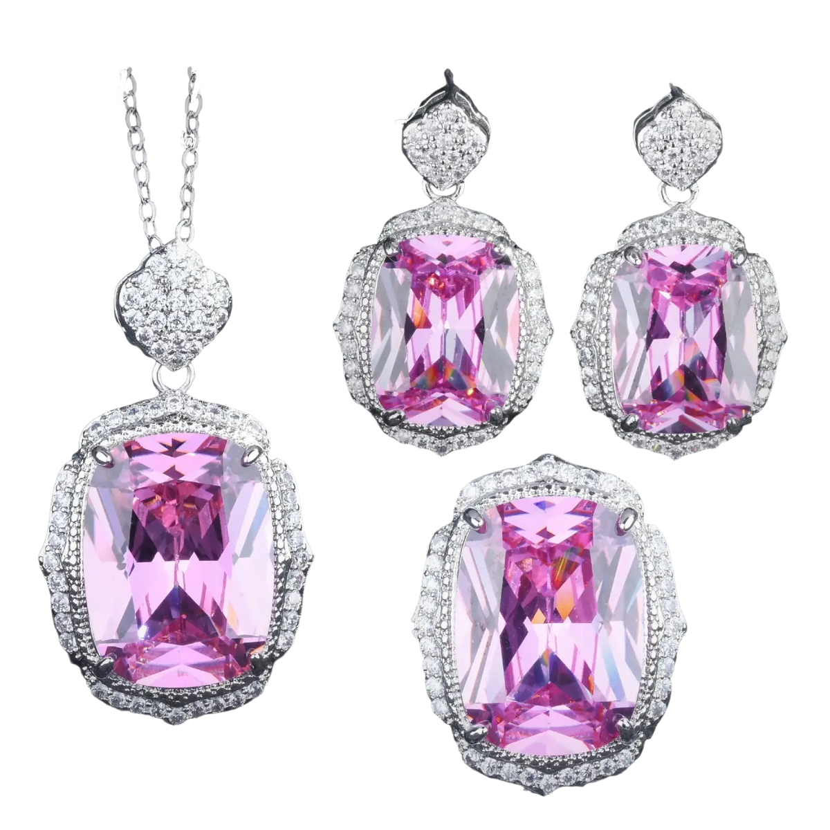 Elegant pink zircon silver jewelry set with gemstone pendant and matching earrings featuring diamond-like embellishments