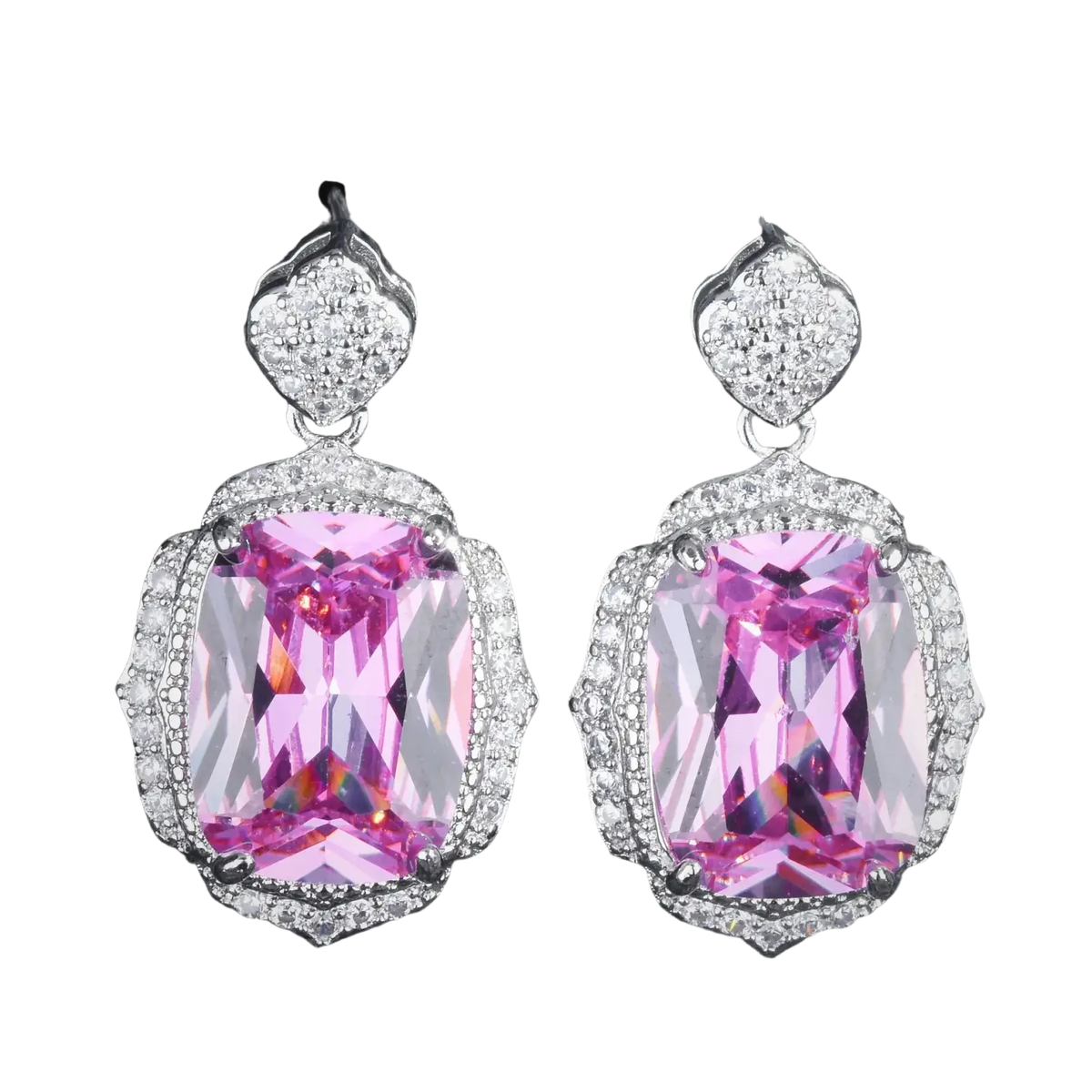 Elegant pink zircon rectangular gemstone earrings with silver-toned setting and pave diamonds for wedding jewelry set
