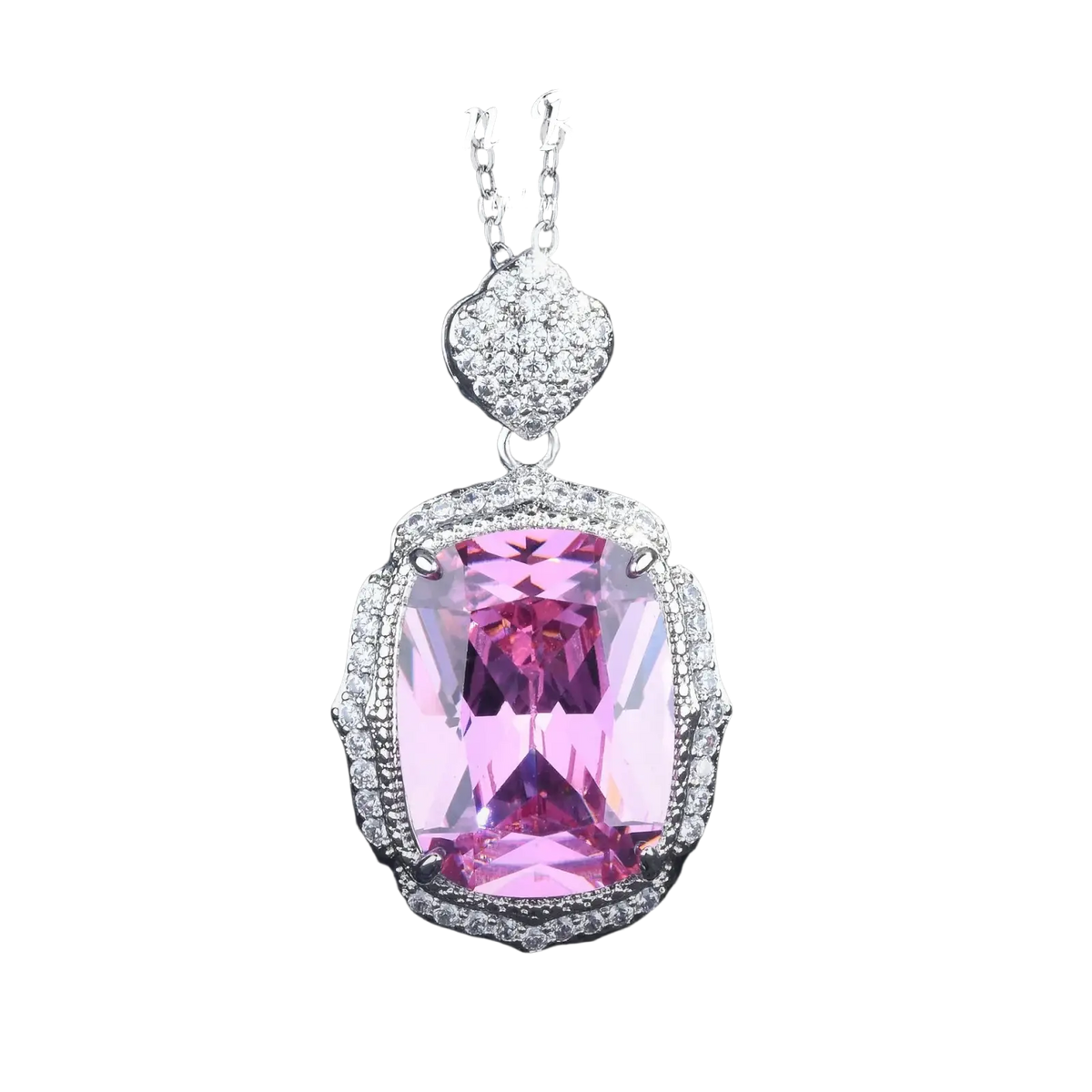 Pink zircon silver wedding pendant with a sparkling pink gemstone, diamond accents, and ornate heart-shaped top