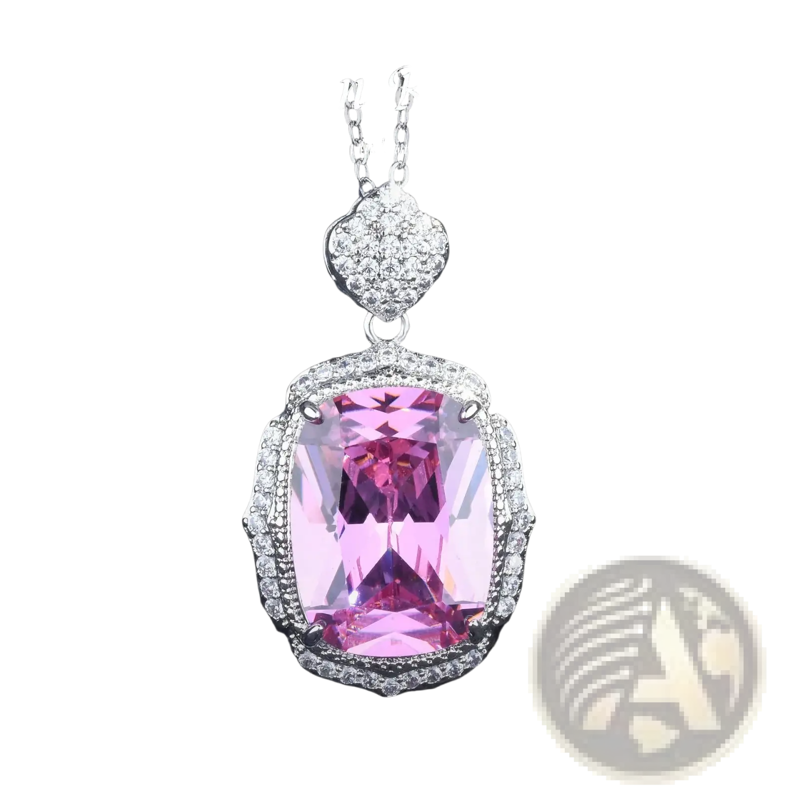 Pink zircon silver wedding pendant with a sparkling pink gemstone, diamond accents, and ornate heart-shaped top