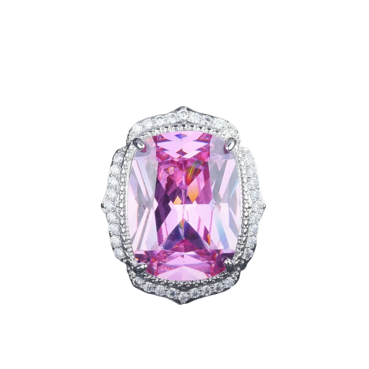 A radiant pink cushion-cut zircon ring set in a platinum band with diamond halo for wedding jewelry