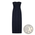 Dark blue pinstripe denim strapless midi dress with white vertical stitching, two front pockets, and zipper detail