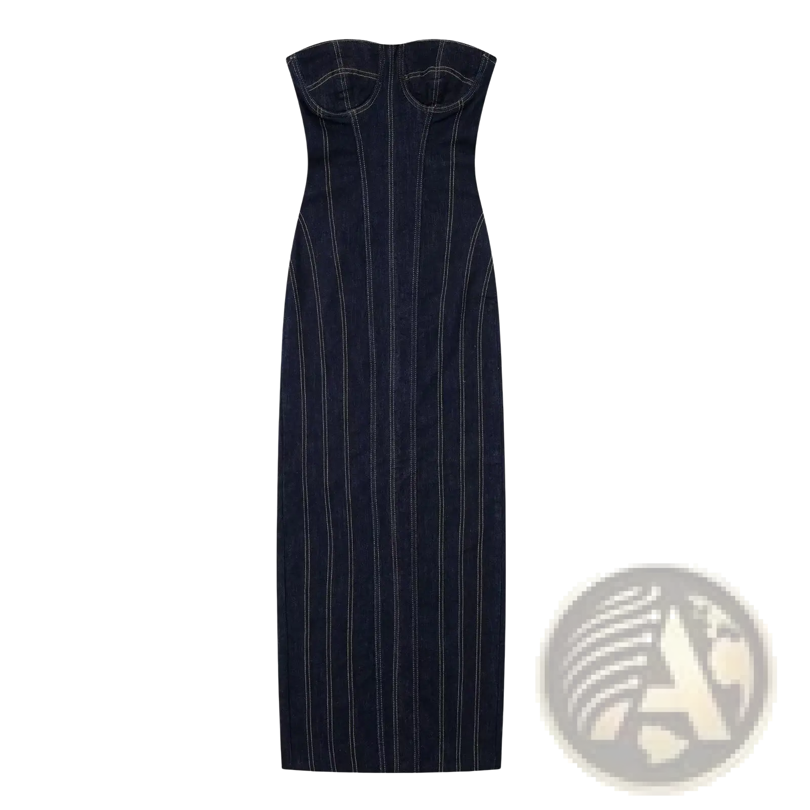 Dark blue pinstripe denim strapless midi dress with white vertical stitching, two front pockets, and zipper detail