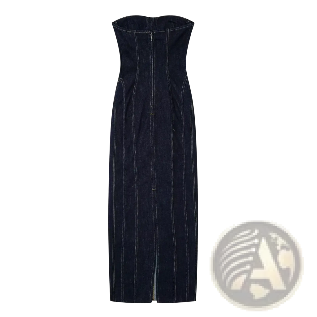 A dark denim strapless midi dress with vertical white stitching and a central zipper detail