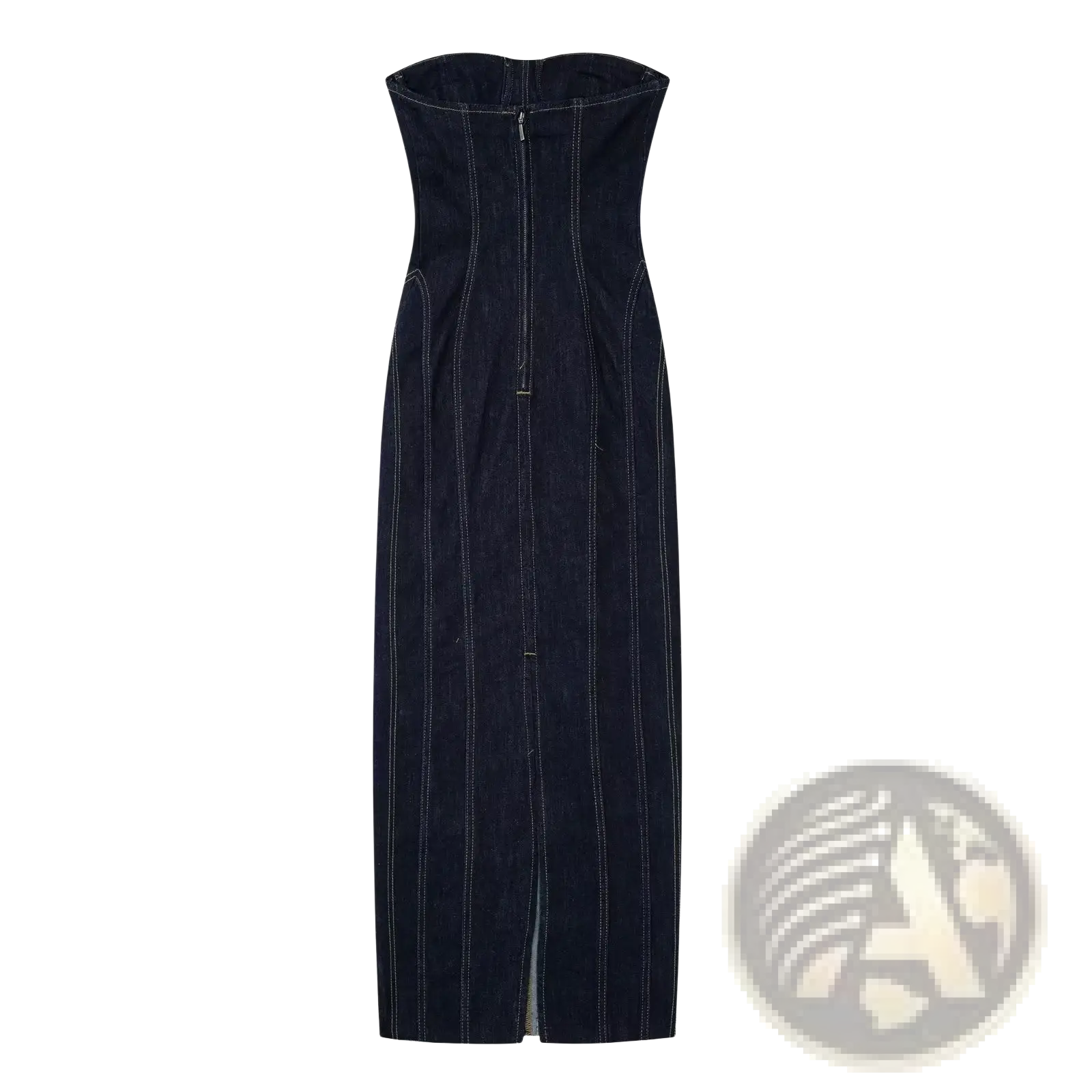 A dark denim strapless midi dress with vertical white stitching and a central zipper detail