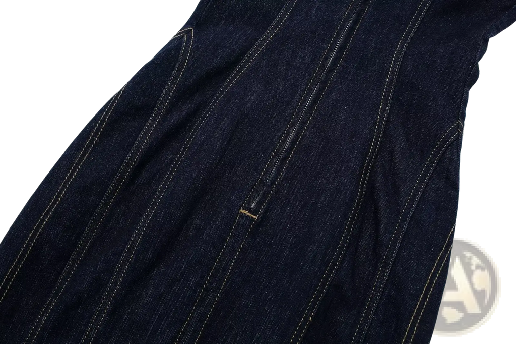 Dark indigo pinstripe denim strapless midi dress with light stitching and central zipper detail in front