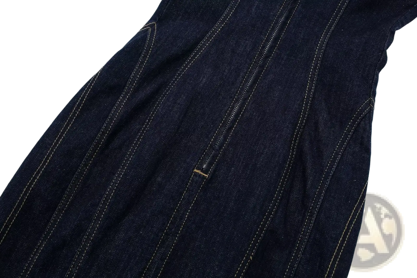 Dark indigo pinstripe denim strapless midi dress with light stitching and central zipper detail in front