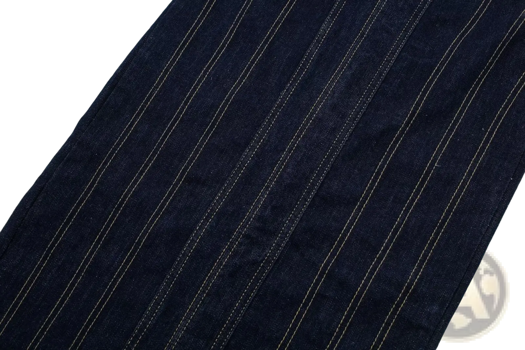 Dark blue denim pinstripe strapless midi dress with thin vertical pinstripes and zipper detail visible