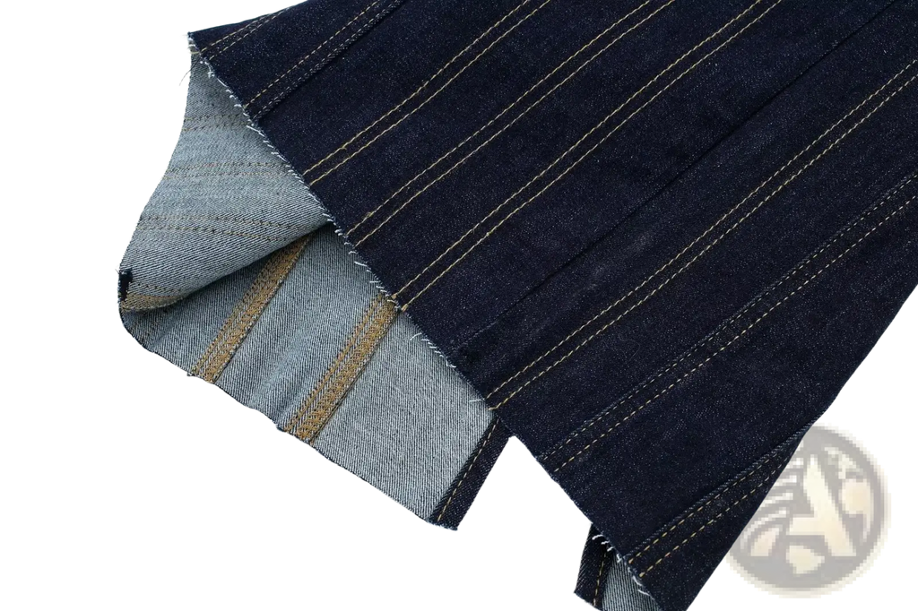 Pinstripe denim strapless midi dress in dark blue denim with subtle vertical pinstripes and light gray inner lining