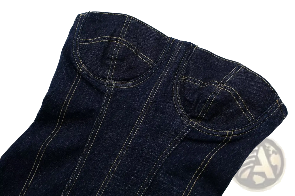 Dark blue denim pinstripe strapless midi dress with contrasting light stitching and structured corset seams