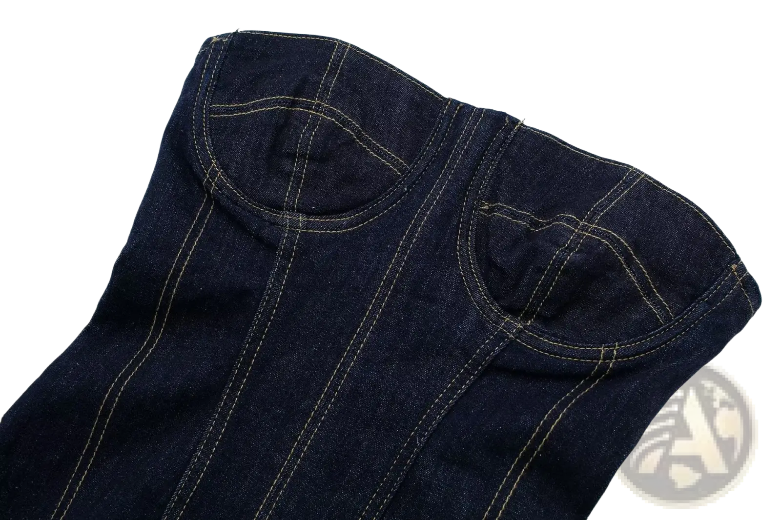 Dark blue denim pinstripe strapless midi dress with contrasting light stitching and structured corset seams