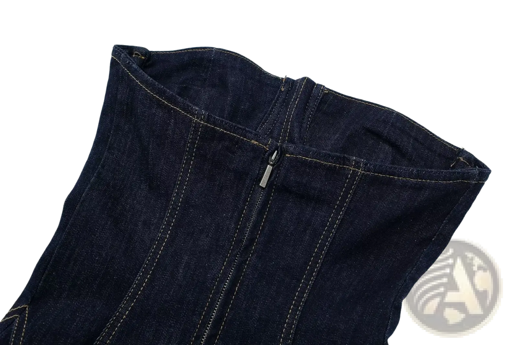 Dark blue denim strapless midi dress with central zipper and contrasting light stitching in corset style
