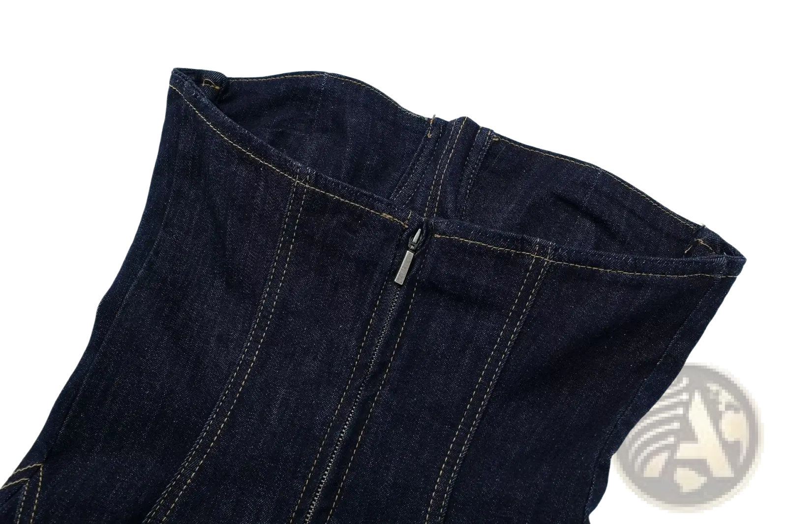 Dark blue denim strapless midi dress with central zipper and contrasting light stitching in corset style