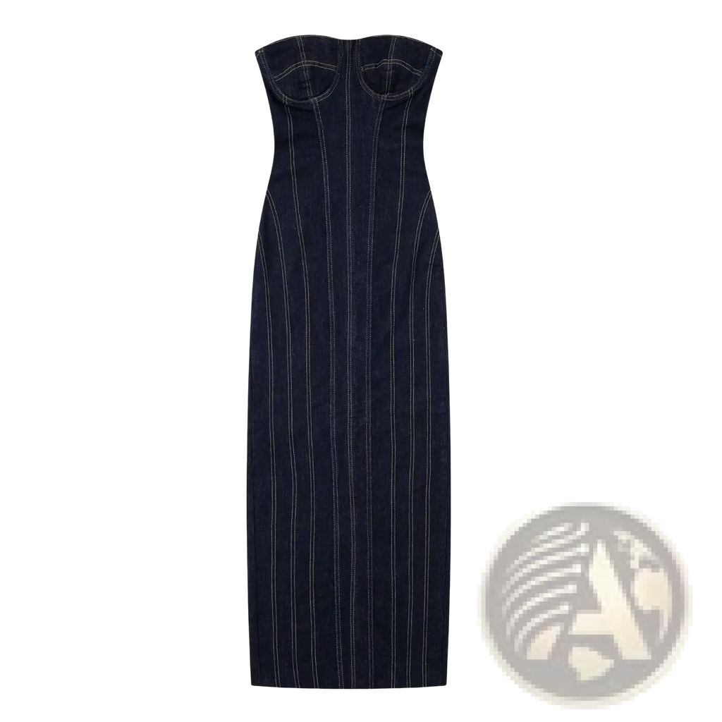 A dark blue denim strapless midi dress with white vertical stitching, front pockets, and zipper detail