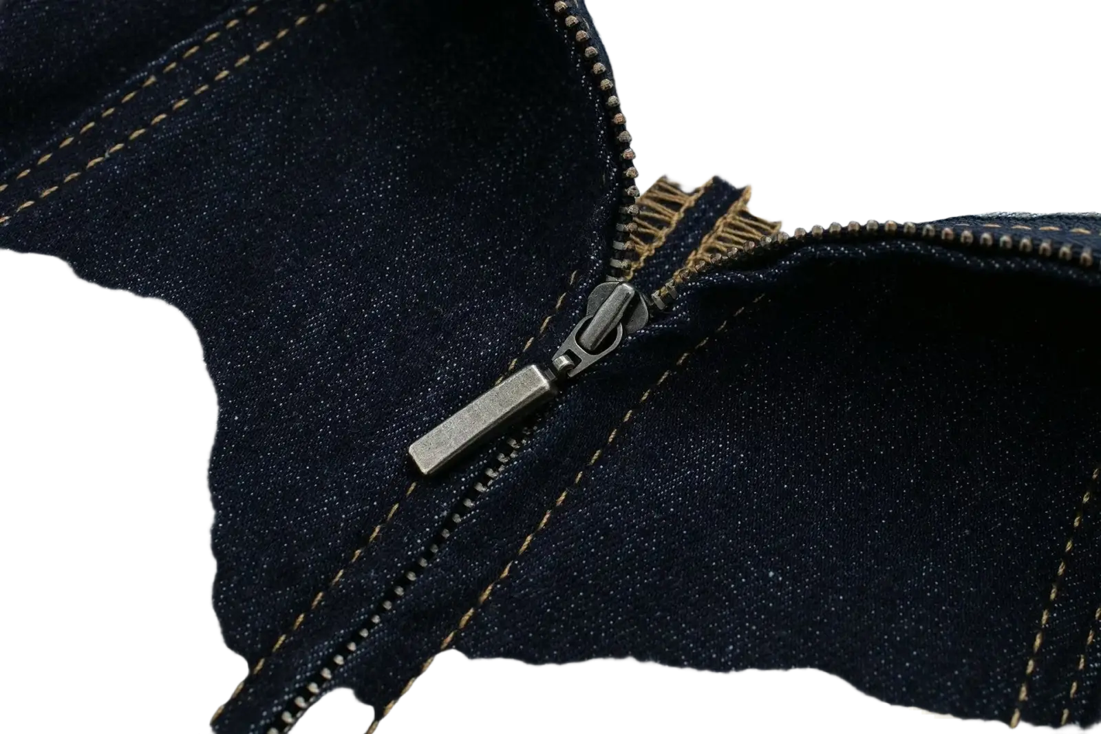 Dark blue denim jacket zipper with metallic pull tab and tan stitching on pinstripe denim strapless midi dress back
