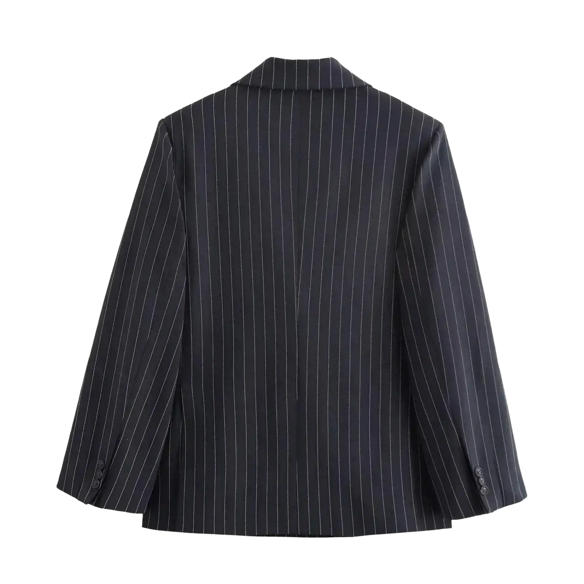 Black pinstripe double-breasted blazer for women with white vertical stripes and a classic collar in tailored fabric