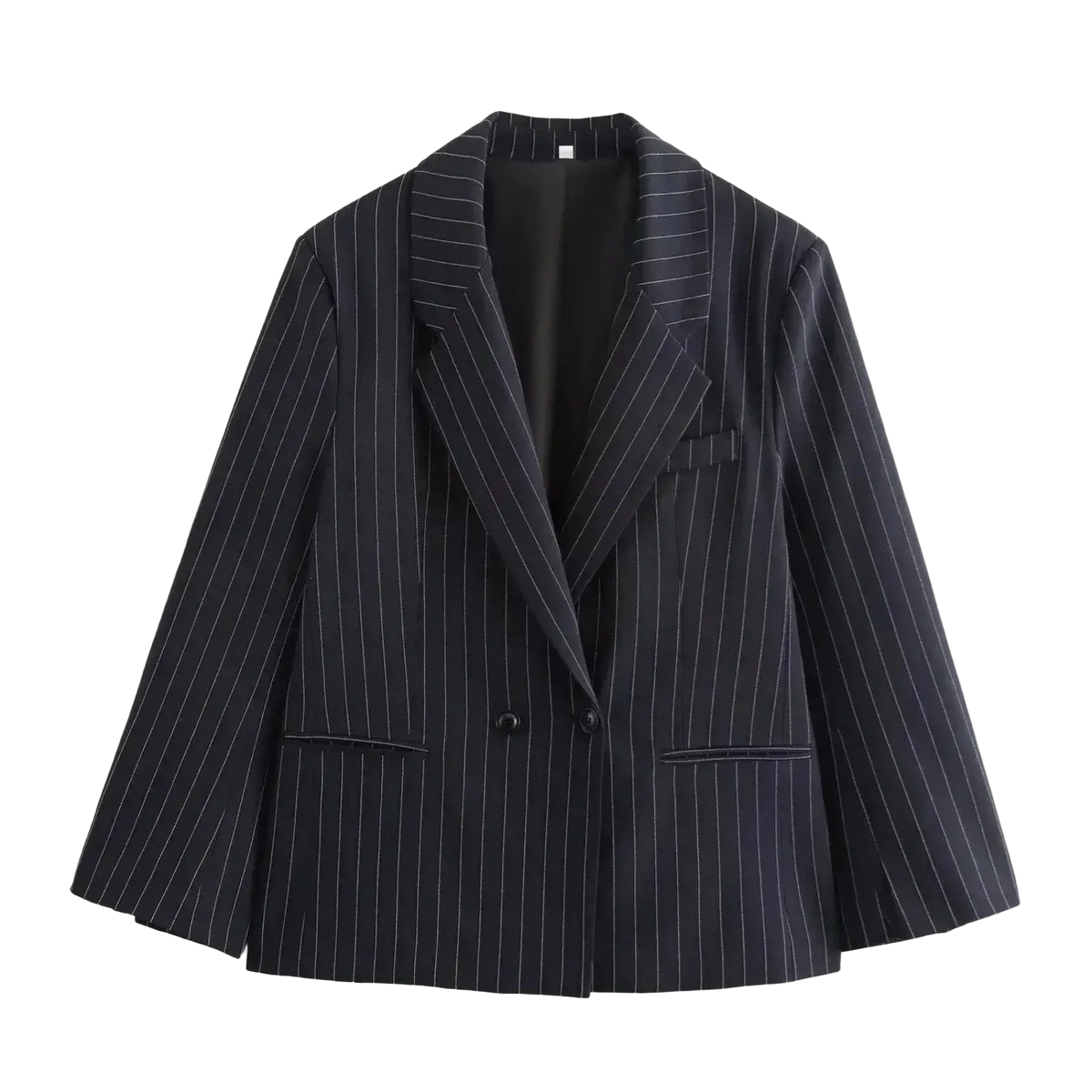 Black pinstripe double-breasted blazer for women with white vertical stripes and tailored front design
