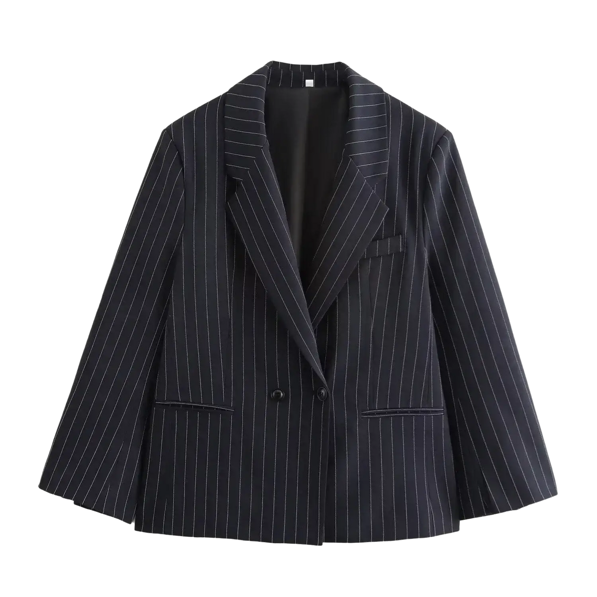 Black pinstripe double-breasted blazer for women with white vertical stripes in a formal tailored design