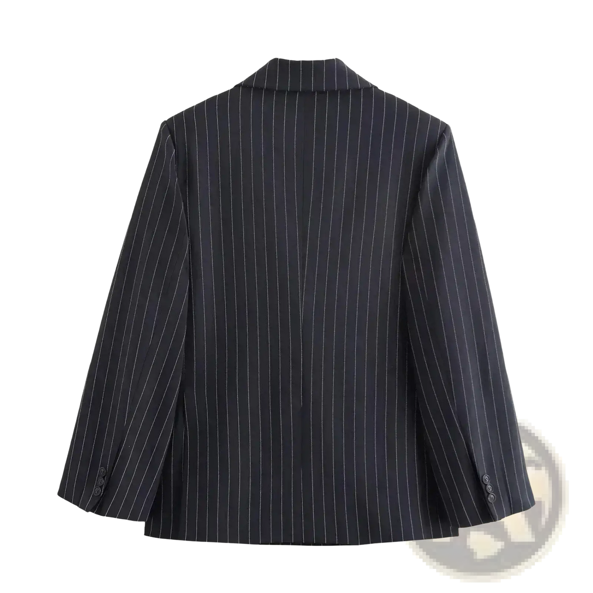 Black pinstripe double-breasted blazer for women with white vertical stripes and a classic collar in tailored fabric